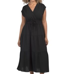 NWT RACHEL ZOE Black Cap Sleeve Smocked Waist Bow Detail Tiered Dress Size Large